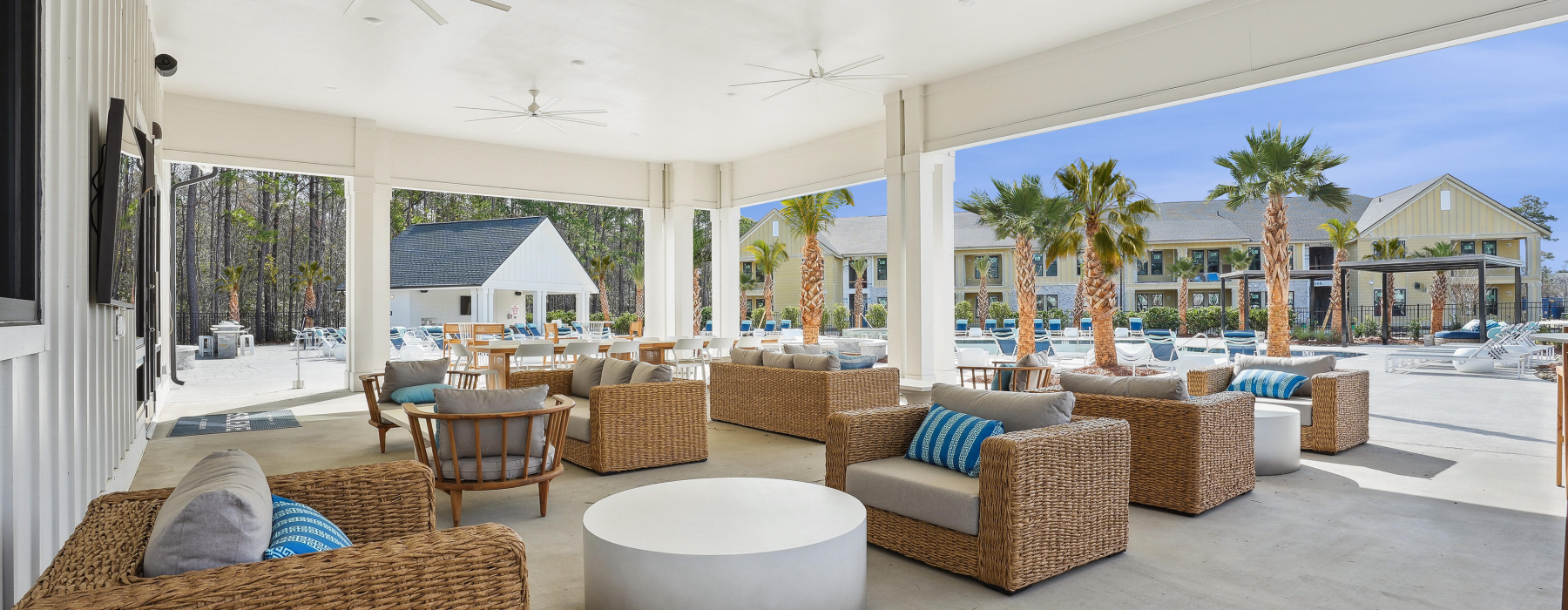 Outdoor lounge area with a tv, outdoor fans, palm trees, and lounge seating 